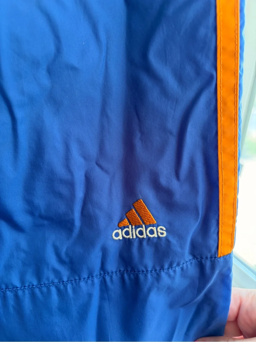Vintage Adidas Windbreaker Blue Track Pants with Orange Side Stripes